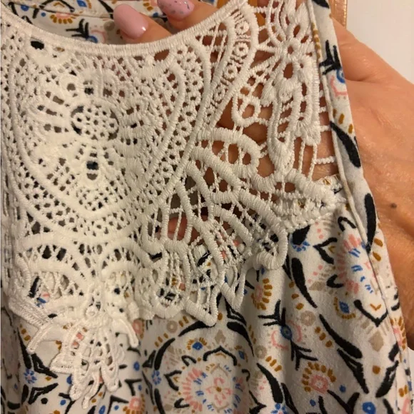 Crochet Yoke Geometric Print Dress - White/Blue - Picture 3 of 3